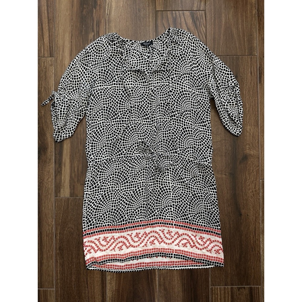 Tolani Womens 100% Silk Geometric Mosaic Tunic Dress Black White Red Small